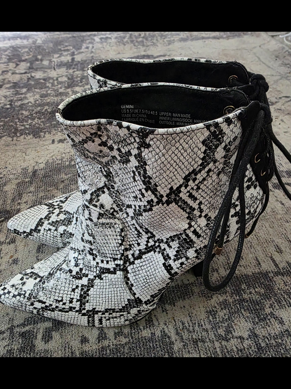 JustFab White and Black Snake-Print Pointed Lace-Up Ankle Boots